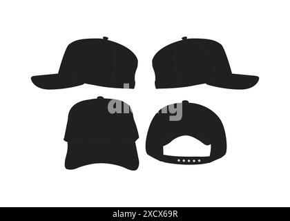 Black Baseball Caps Mock-up Front and Back View Cap Mockup Set Baseball Cap Hat Template Trucker Cap Mesh Cap Template Illustration Stock Vector