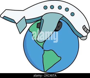 A whimsical cartoon plane lying on Earth, showcasing a playful and imaginative illustration that blends aviation and global travel themes Stock Vector