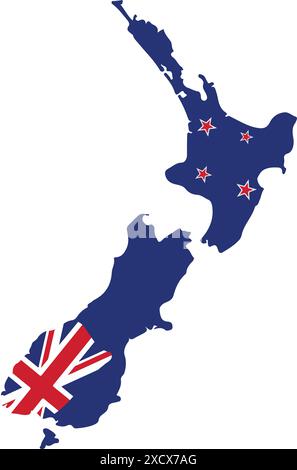 An illustration of the New Zealand map flag, combining the national flag with the country's geographical shape Stock Vector