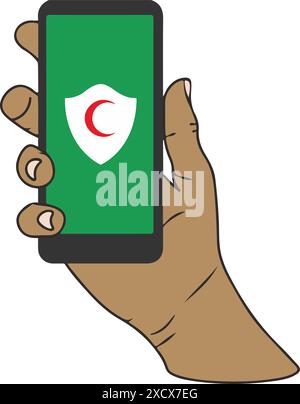 An illustration of a hand holding a mobile phone displaying the Red Crescent symbol Stock Vector