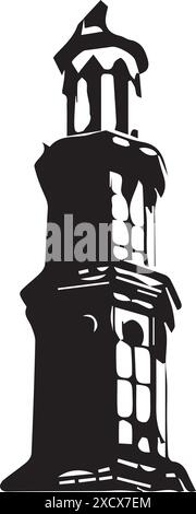 A silhouette of an Islamic tower (minaret), capturing the distinctive architectural style associated with mosques Stock Vector