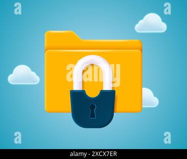 Locked folder with a padlock in 3D style on a blue background with clouds. Vector illustration. Stock Vector