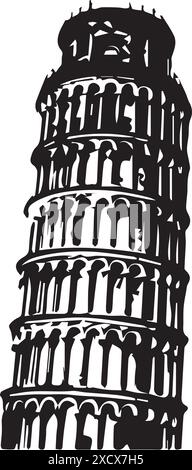 A silhouette of the Tower of Pisa, capturing the iconic tilt and architectural elegance of this famous Italian landmark Stock Vector