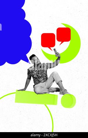 Vertical photo collage of happy man hold phone device take picture blogging concept text box notification isolated on painted background Stock Photo