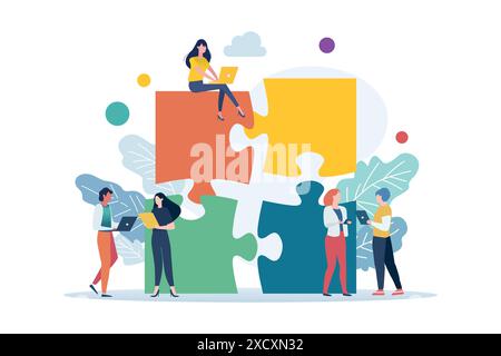 people connecting puzzle elements. Business concept. Team metaphor. Vector illustration Stock Vector