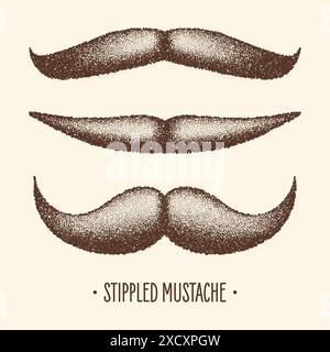 Brown stippled vintage mustache. Curly facial hair. Hipster beard. Stippling, dot drawing and shading, stipple pattern, halftone effect. Vector Stock Vector