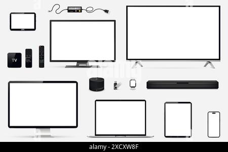 Realistic tv, computer, laptop, tablet, smart phone, smart watch, smart speaker, sound bar, set-top box, usb flash drive, gps navigation device, remot Stock Vector