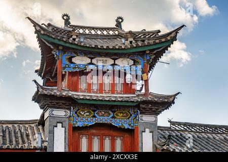 Lijiang, Yunnan Province, China - October 23, 2015: View of traditional Chinese black tile roof of authentic building in the Old Town of Lijiang. Stock Photo
