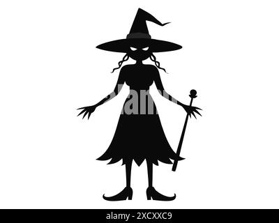Black silhouette of a witch isolated on a white background. Concept of Halloween, magic, spooky character, witchcraft symbol. Print, icon, design elem Stock Vector