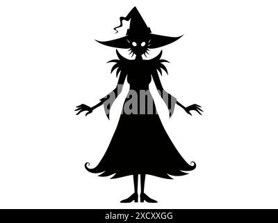 Black silhouette of a witch isolated on a white background. Concept of Halloween, magic, spooky character, witchcraft symbol. Print, icon, design elem Stock Vector