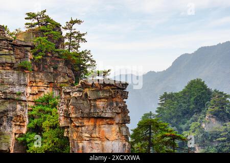 Fabulous view of natural quartz sandstone pillars of the Tianzi Mountains (Avatar Mountains) in the Zhangjiajie National Forest Park, Hunan Province. Stock Photo