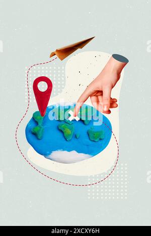 Image collage artwork of person choose place position travel tour flight abroad isolated on painted background Stock Photo