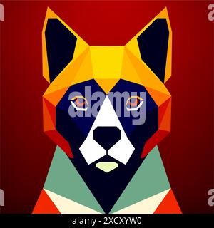 Dog with a red eyes on a red background, colorful flat surreal design. Vector art, sots art, low poly, cubo-futurism, sticker, cartoon avatar, animal Stock Vector