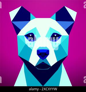 Dog with a blue color and a pink background is featured in a low poly art style. Vector art, sots art, low poly, cubo-futurism, sticker, cartoon Stock Vector