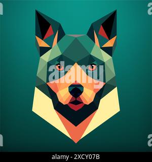 Dog head a low polygonal style on a green background, colorful flat surreal design, geometric abstract art. Vector art, sots art, low poly, cubo Stock Vector