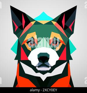 Dog a colorful geometric pattern on its face and a white background with a gray border around it, colorful flat surreal design. Vector art, sots art Stock Vector