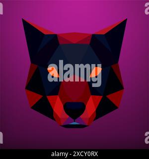 Low poly animal head with orange eyes on a purple background and a black and red geometric design. Vector art, sots art, low poly, cubo-futurism Stock Vector
