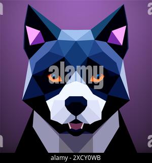 Dog with orange eyes and a white and black body on a purple background. Vector art, sots art, low poly, cubo-futurism, sticker, cartoon avatar, animal Stock Vector