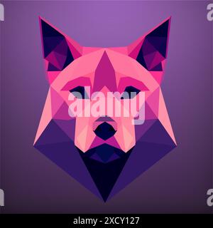 Geometric pink and purple Dog head on a purple background. Vector art, sots art, low poly, cubo-futurism, sticker, cartoon avatar, animal logo Stock Vector