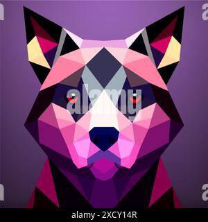 Geometric dog with red eyes on a purple background. Vector art, sots art, low poly, cubo-futurism, sticker, cartoon avatar, animal logo, surreal Stock Vector