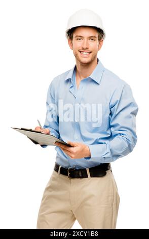 Man, happy and architect with clipboard in studio on white background with pride as supervisor. Construction, employee ands smile on portrait as Stock Photo