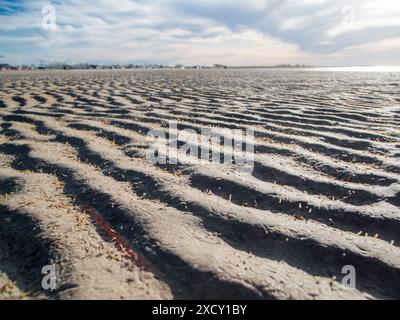 Flat wide-angle view over the dried out and wavy mudflats in East Frisia near Bensersiel. Stock Photo