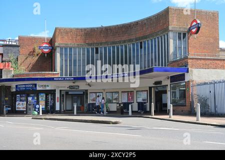 Main entrance to Perivale Underground Station in west London, UK. Central Line station, West Ruislip branch, opened in 1938 Stock Photo