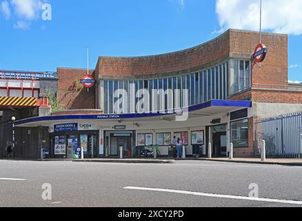 Main entrance to Perivale Underground Station in west London, UK. Central Line station, West Ruislip branch, opened in 1938 Stock Photo