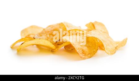 Close Up of Crispy Potato Chips isolated on a White Background Stock Photo
