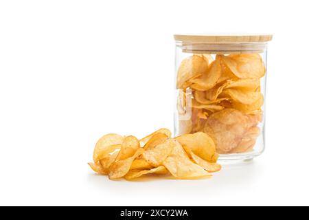 Close Up of Crispy Potato Chips isolated on a White Background Stock Photo