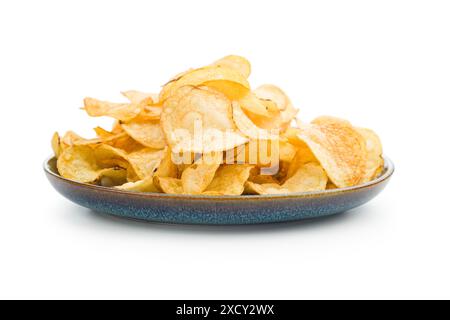 Close Up of Crispy Potato Chips on plate isolated on a White Background Stock Photo