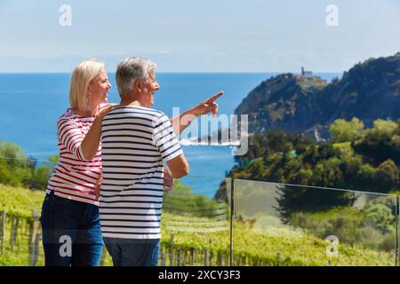 Senior couple, 60-70, Terrace, Getaria, Gipuzkoa, Basque Country, Spain, Europe Stock Photo