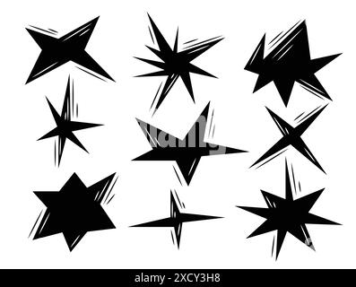 Vector set of stars and polygons of different shapes and sizes. Black symbols on a white background. Design elements Stock Vector