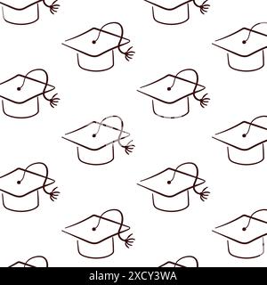 Graduation hat seamless pattern in line art style. Doodle college, study, university sign. Vector illustration on a white background. Stock Vector