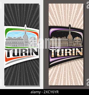 Vector vertical layouts for Turin, decorative leaflet with line illustration of historical turin city scape on day and dusk sky background, art design Stock Vector