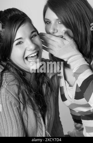 Caucasian teen girl tells funny secret to friend. USA Stock Photo