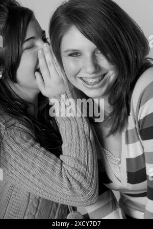 Caucasian teen girl tells funny secret to friend. USA Stock Photo