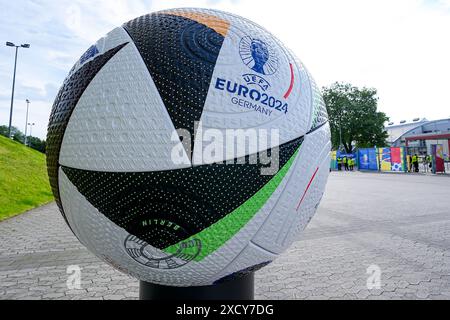 Düsseldorf, Germany, June 17th 2024: Giant replica of the EURO 2024 Adidas Fussballliebe Match Ball in front of the stadium prior to the UEFA EURO 2024 Germany Group D football match between Austria and France at Düsseldorf Arena, Germany. (Daniela Porcelli/SPP) Credit: SPP Sport Press Photo. /Alamy Live News Stock Photo