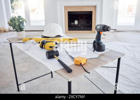 Architecture, design and tools on table in home interior for building, construction or renovation. Development, project management and real estate Stock Photo