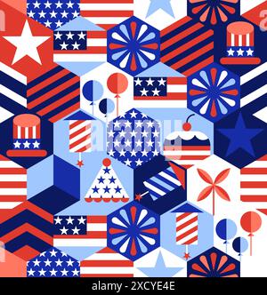 USA holiday seamless pattern. Hexagon geometric holiday party background with American flag and symbols. Vector fashion print, banner, poster, greetin Stock Vector