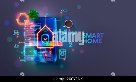 Smart home system application on screen smart phone. Customization automation devices, sensors, hub of smart home. Phone internet remote controls of h Stock Vector