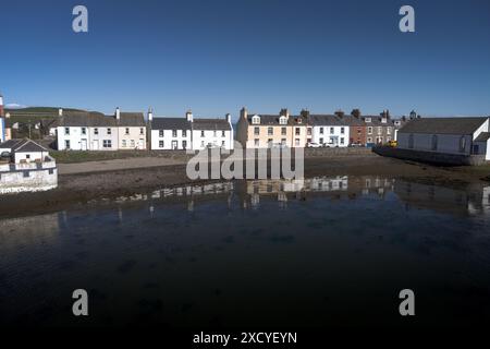 Aerial view of Main street from above the water of the harbour in the Isle of Whithorn, Dumfries and Galloway, Scotland Stock Photo