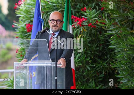 Ercolano, Italy, 19 June 2024. The Minister of Culture, Gennaro Sangiuliano, during the inauguration of the ancient beach inside the archaeological excavations of Ercolano, open to the public for the first time. Stock Photo