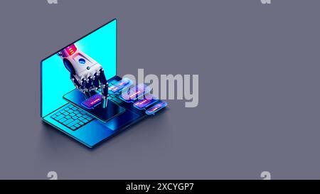 AI chatbot in image robot or cyborg holding in hand message bubbles. Online AI chat bot talk through messenger with user. Technical support bot, inter Stock Vector
