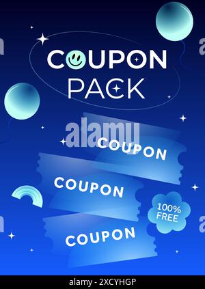 Pack of cute 3d transparent coupons, isolated on blue sky with moon background. Coupon pack giveaway banner template. Special discount voucher deal and price off event. 3d Vector illustration. Vector illustration Stock Vector