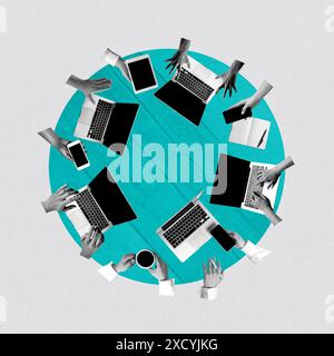 Modern collaboration. Creative design with human hands interaction with laptops, predictive project work, coworking space. Contemporary art collage. Stock Photo