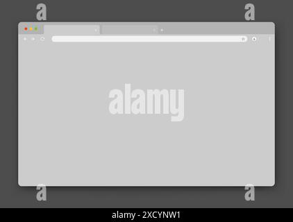 An empty browser window in gray on a dark background. Website layout with search bar, toolbar and buttons. Stock Vector