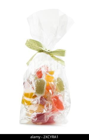 assorted jelly candies in transparent bag, isolated on white background. Stock Photo