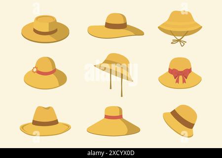 Collection of summer hats, including straw hats and beach hats. These hats have different models. Stock Vector
