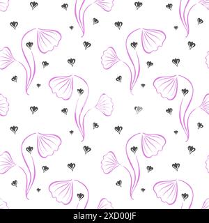 Pattern pink flowers stylized doodle drawing, ginkgo leaf with hearts. Elegant design for decoration. Vector illustration Stock Vector